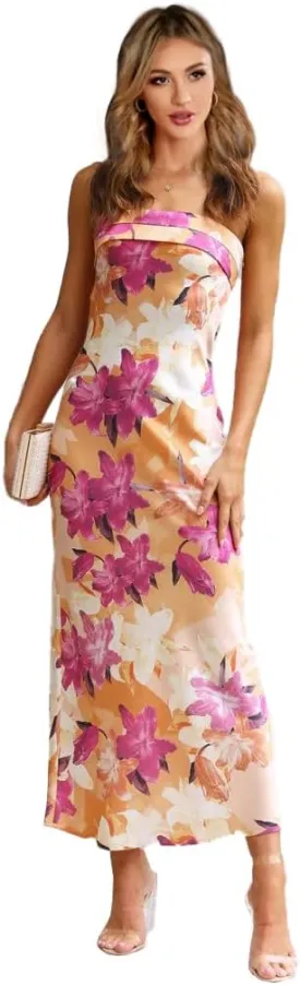 GOLDSTITCH Women's Maxi Bodycon Dresses Backless Tube Dress Low Back Hollow Out Elegant Strapless Long Dresses Wedding Guest