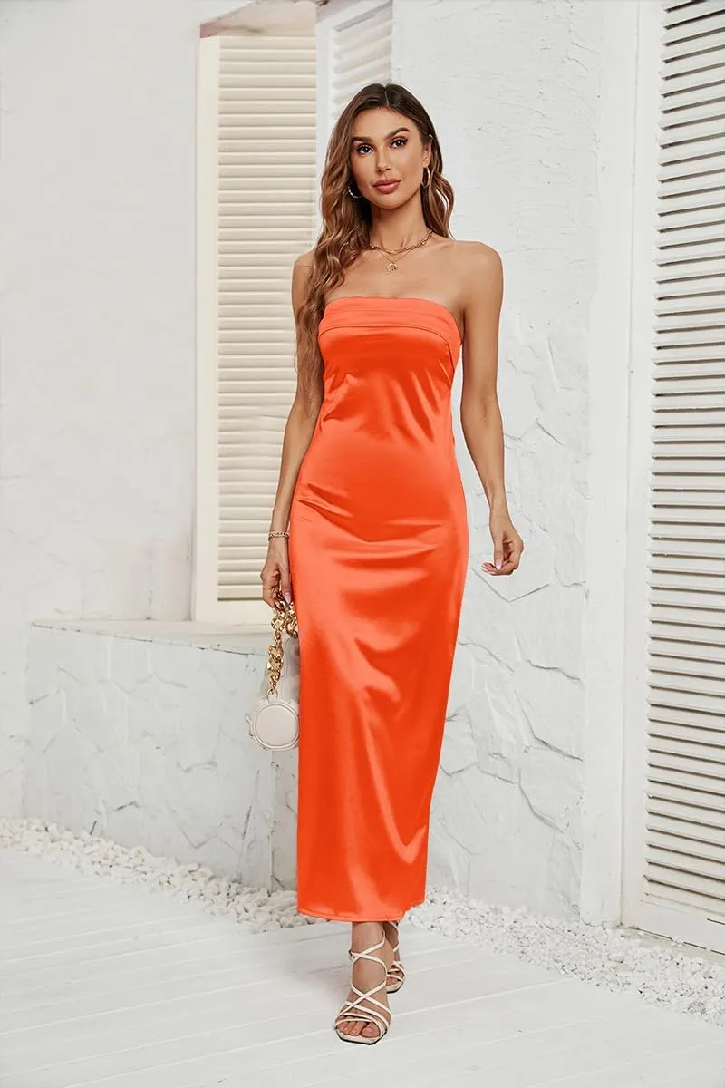 GOLDSTITCH Women's Maxi Bodycon Dresses Backless Tube Dress Low Back Hollow Out Elegant Strapless Long Dresses Wedding Guest