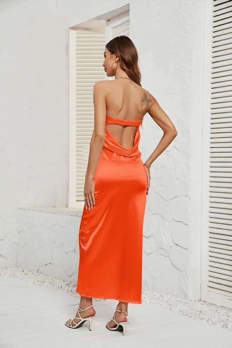 GOLDSTITCH Women's Maxi Bodycon Dresses Backless Tube Dress Low Back Hollow Out Elegant Strapless Long Dresses Wedding Guest
