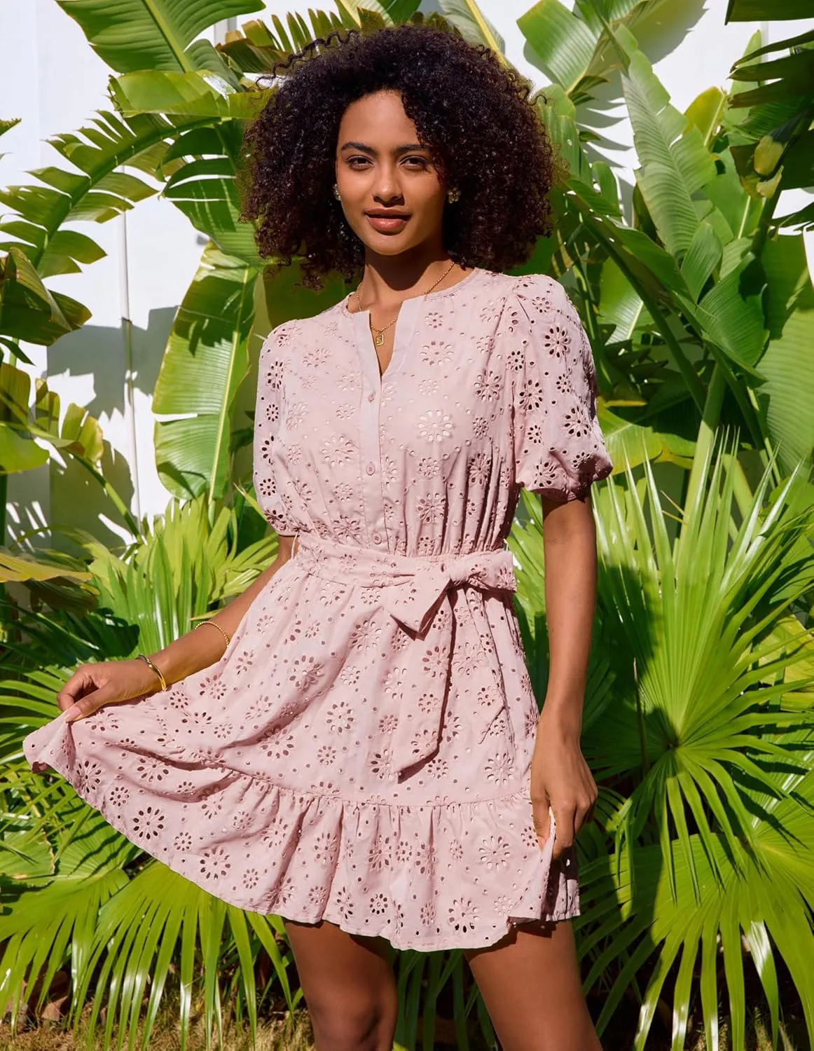 GRACE KARIN Womens Eyelet Vacation Dress Summer Casual A-line Mini Sundress Puff Sleeve Tie V Neck Ruffle Short Beach Dress