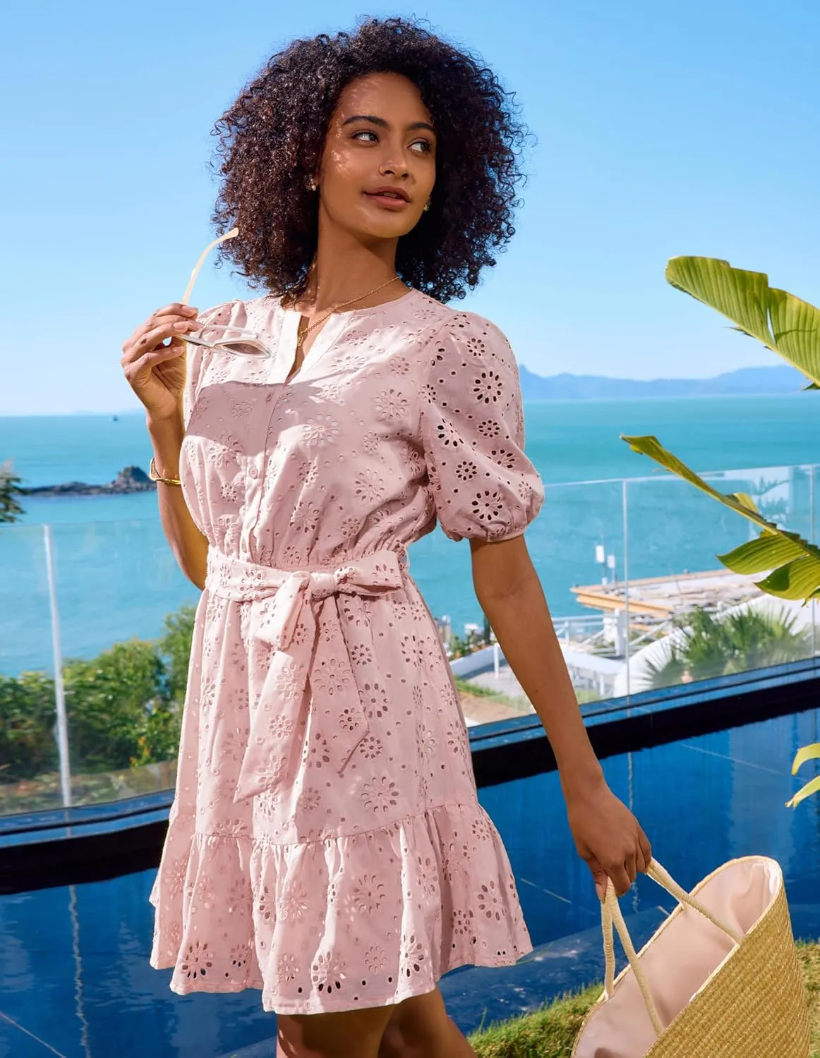 GRACE KARIN Womens Eyelet Vacation Dress Summer Casual A-line Mini Sundress Puff Sleeve Tie V Neck Ruffle Short Beach Dress