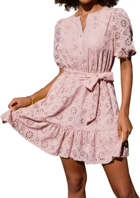 GRACE KARIN Womens Eyelet Vacation Dress Summer Casual A-line Mini Sundress Puff Sleeve Tie V Neck Ruffle Short Beach Dress