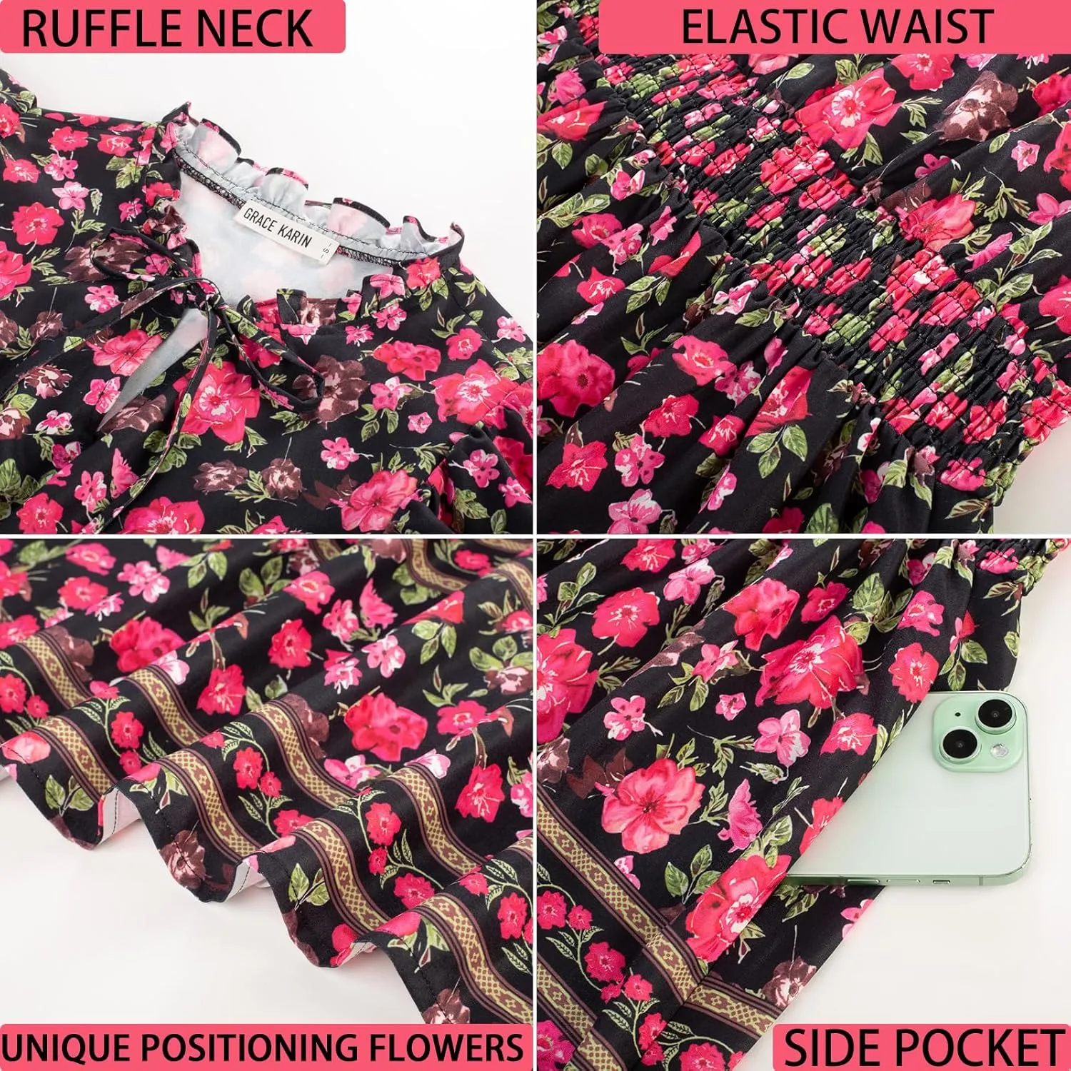 GRACE KARIN Women's Floral Boho Dress Hawaiian Dresse Short Sleeve V Neck Summer Beach Wedding Guest Swing Maxi Sundress