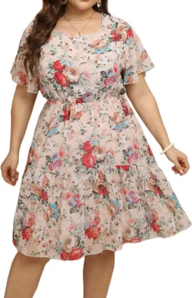 HBEYYTO Women's Plus Size Floral Print Boho Beach Dress Casual Ruffle Sleeve Elastic Waist Swing Chiffon Sundress