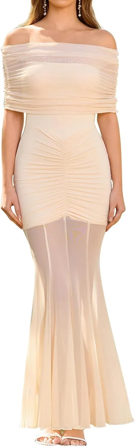 HTZMO Women Sexy Off Shoulder Bodycon Maxi Dress Strapless Ruched Wedding Guest Formal Party Long Dresses