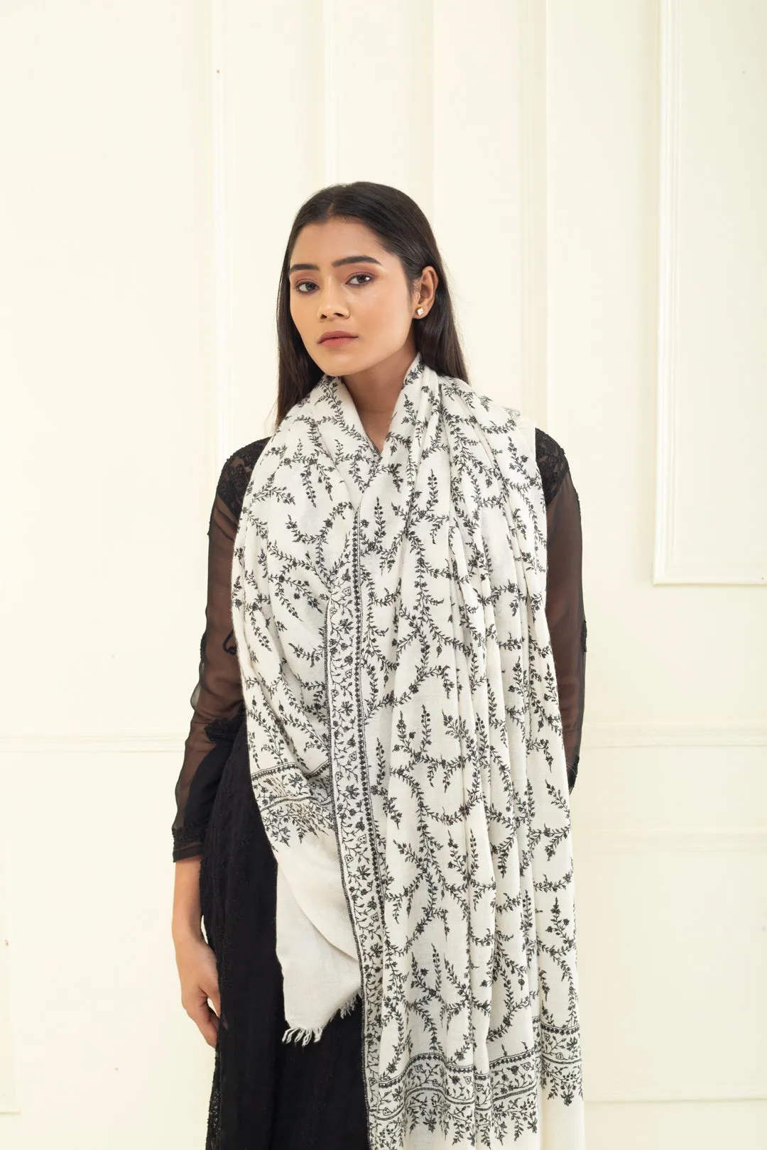 Intekhaab Ivory With Black Embroidery Jaali Pashmina Shawl