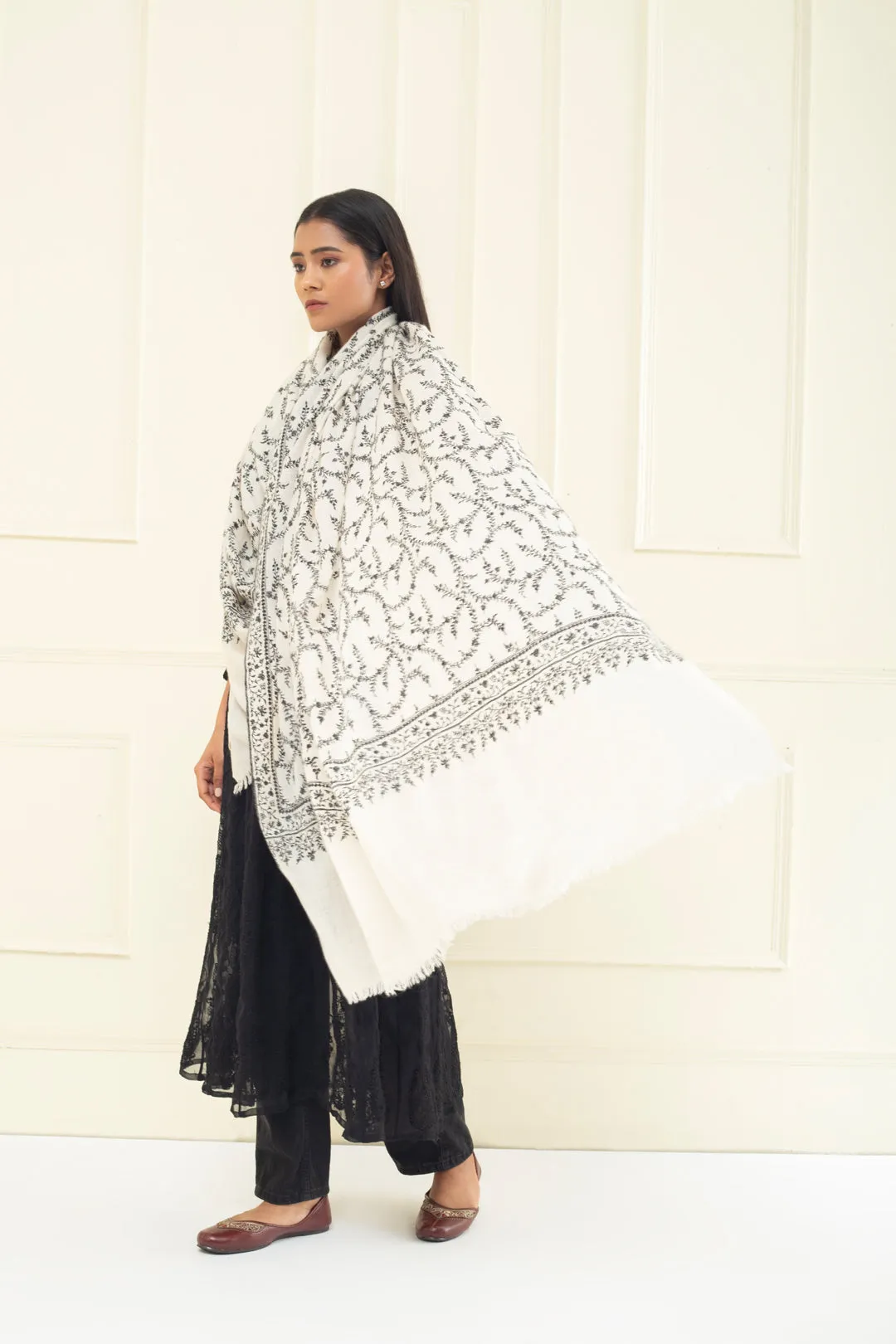 Intekhaab Ivory With Black Embroidery Jaali Pashmina Shawl