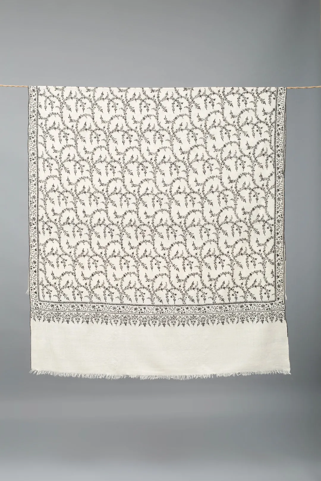 Intekhaab Ivory With Black Embroidery Jaali Pashmina Shawl