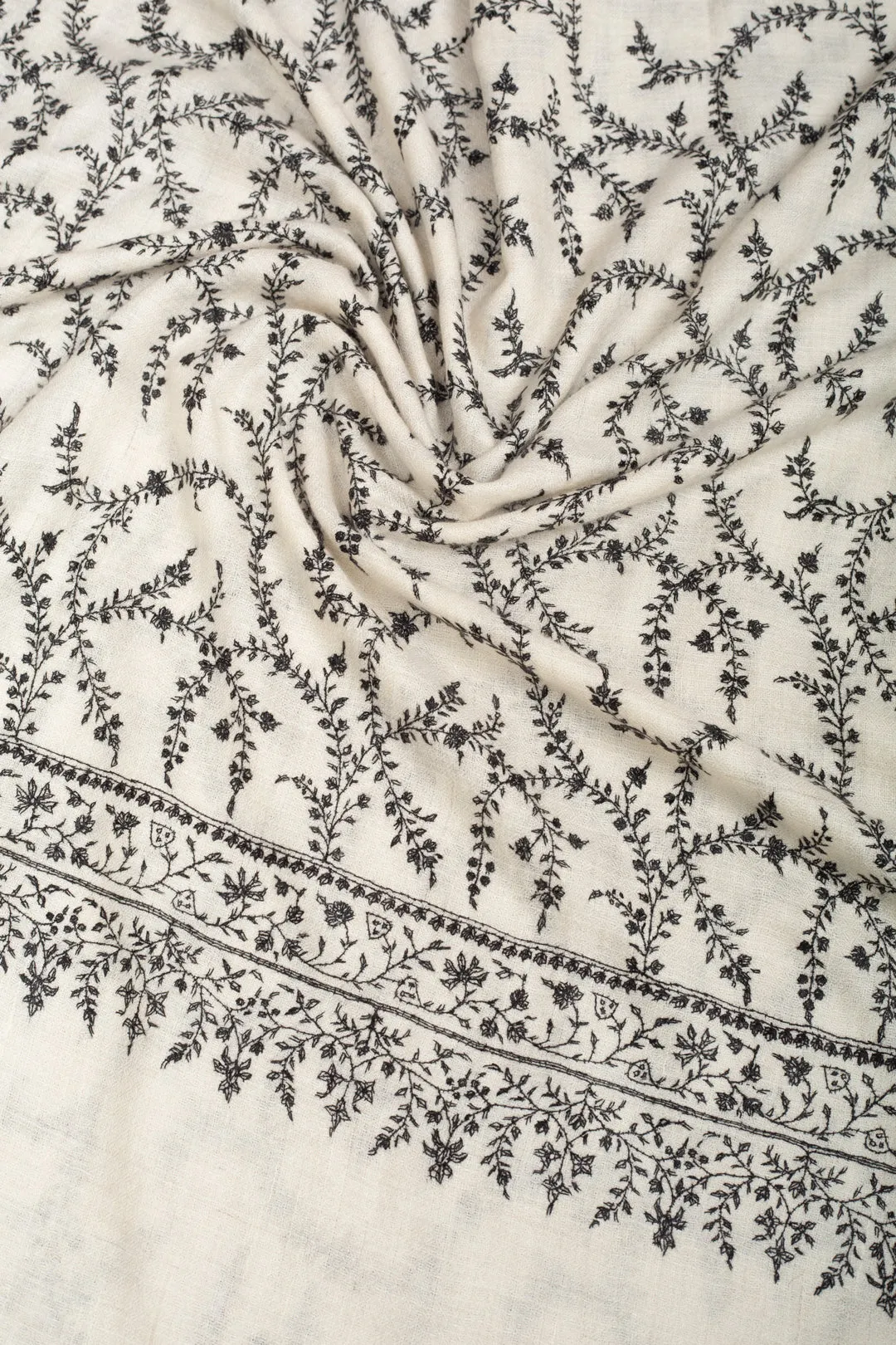 Intekhaab Ivory With Black Embroidery Jaali Pashmina Shawl