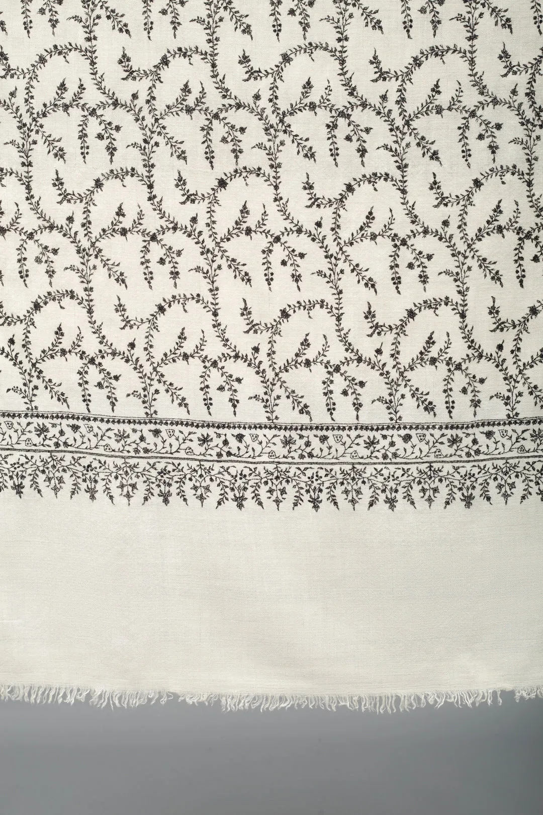 Intekhaab Ivory With Black Embroidery Jaali Pashmina Shawl