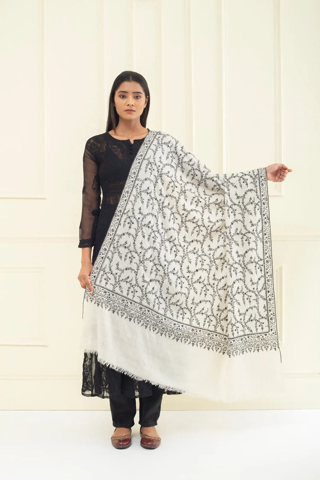 Intekhaab Ivory With Black Embroidery Jaali Pashmina Shawl