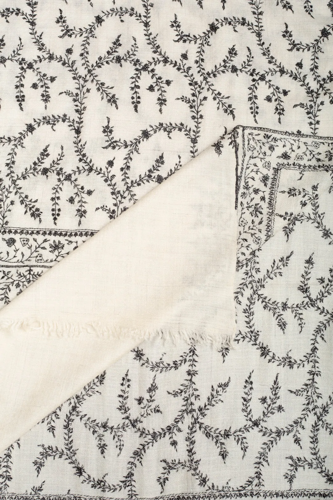 Intekhaab Ivory With Black Embroidery Jaali Pashmina Shawl