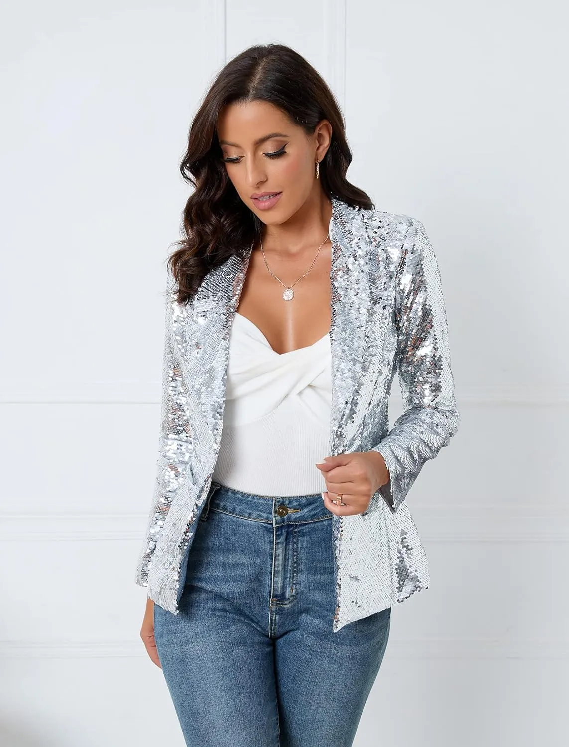 IWFEV Women's Sequins Blazer Long Sleeve Sparkle Open Front Jacket Shawl Collar Cardigan
