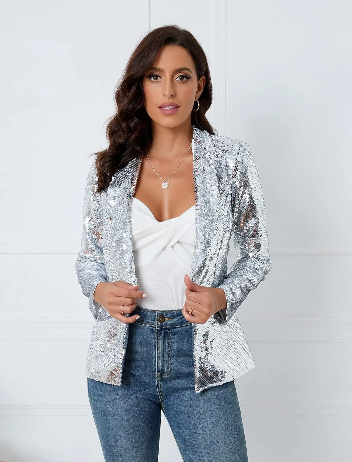 IWFEV Women's Sequins Blazer Long Sleeve Sparkle Open Front Jacket Shawl Collar Cardigan