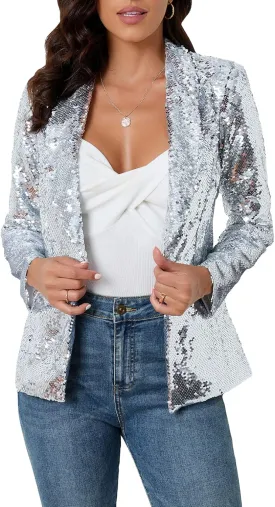 IWFEV Women's Sequins Blazer Long Sleeve Sparkle Open Front Jacket Shawl Collar Cardigan