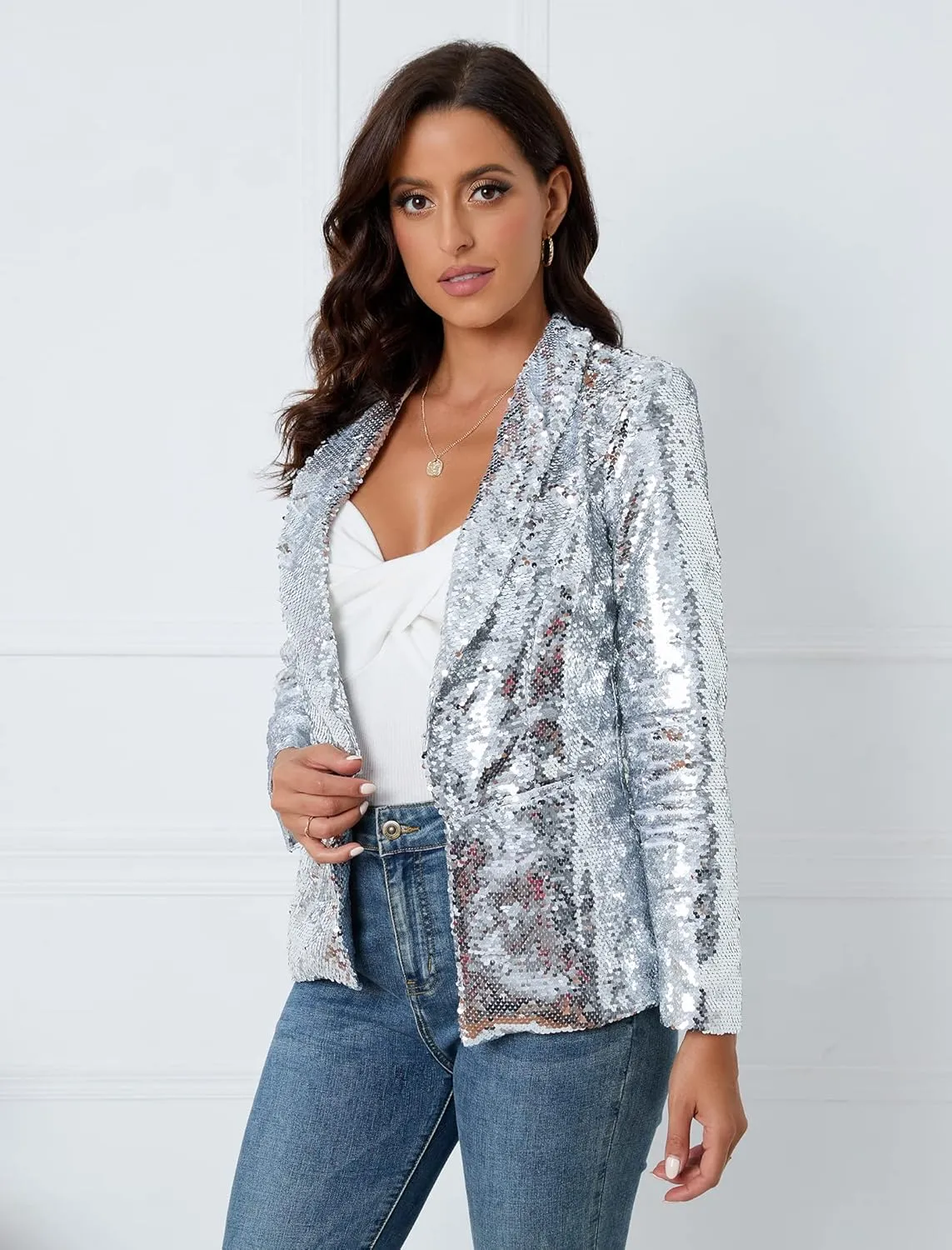 IWFEV Women's Sequins Blazer Long Sleeve Sparkle Open Front Jacket Shawl Collar Cardigan