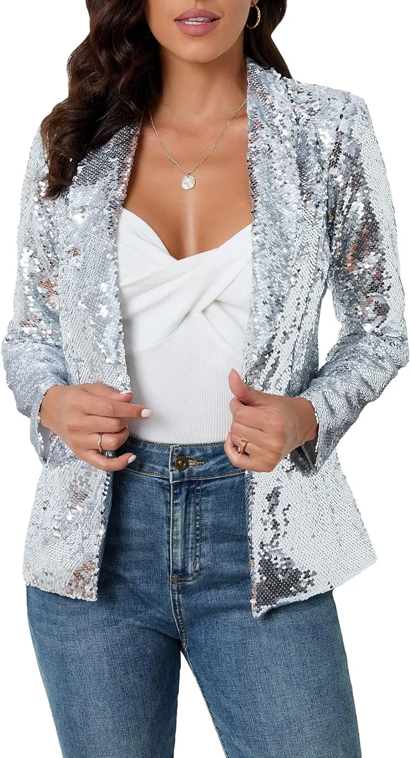 IWFEV Women's Sequins Blazer Long Sleeve Sparkle Open Front Jacket Shawl Collar Cardigan