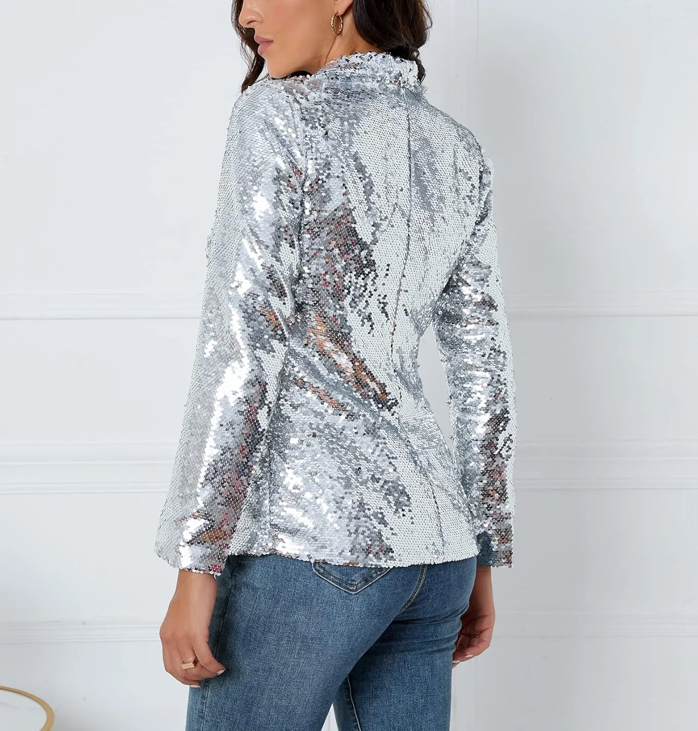 IWFEV Women's Sequins Blazer Long Sleeve Sparkle Open Front Jacket Shawl Collar Cardigan