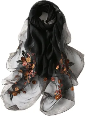 Jeelow Elegant Silk Wool Blend Scarf Shawl Wrap Lightweight Sheer for Women Embroidered Floral for Weddings Parties