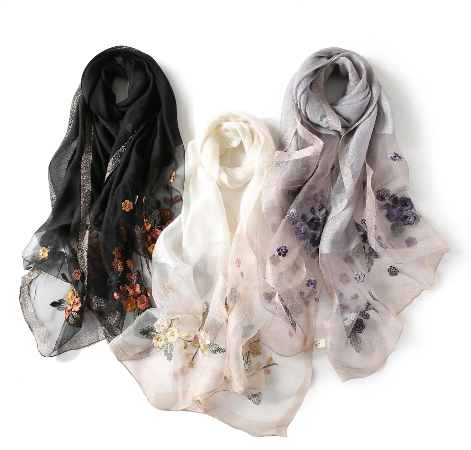 Jeelow Elegant Silk Wool Blend Scarf Shawl Wrap Lightweight Sheer for Women Embroidered Floral for Weddings Parties