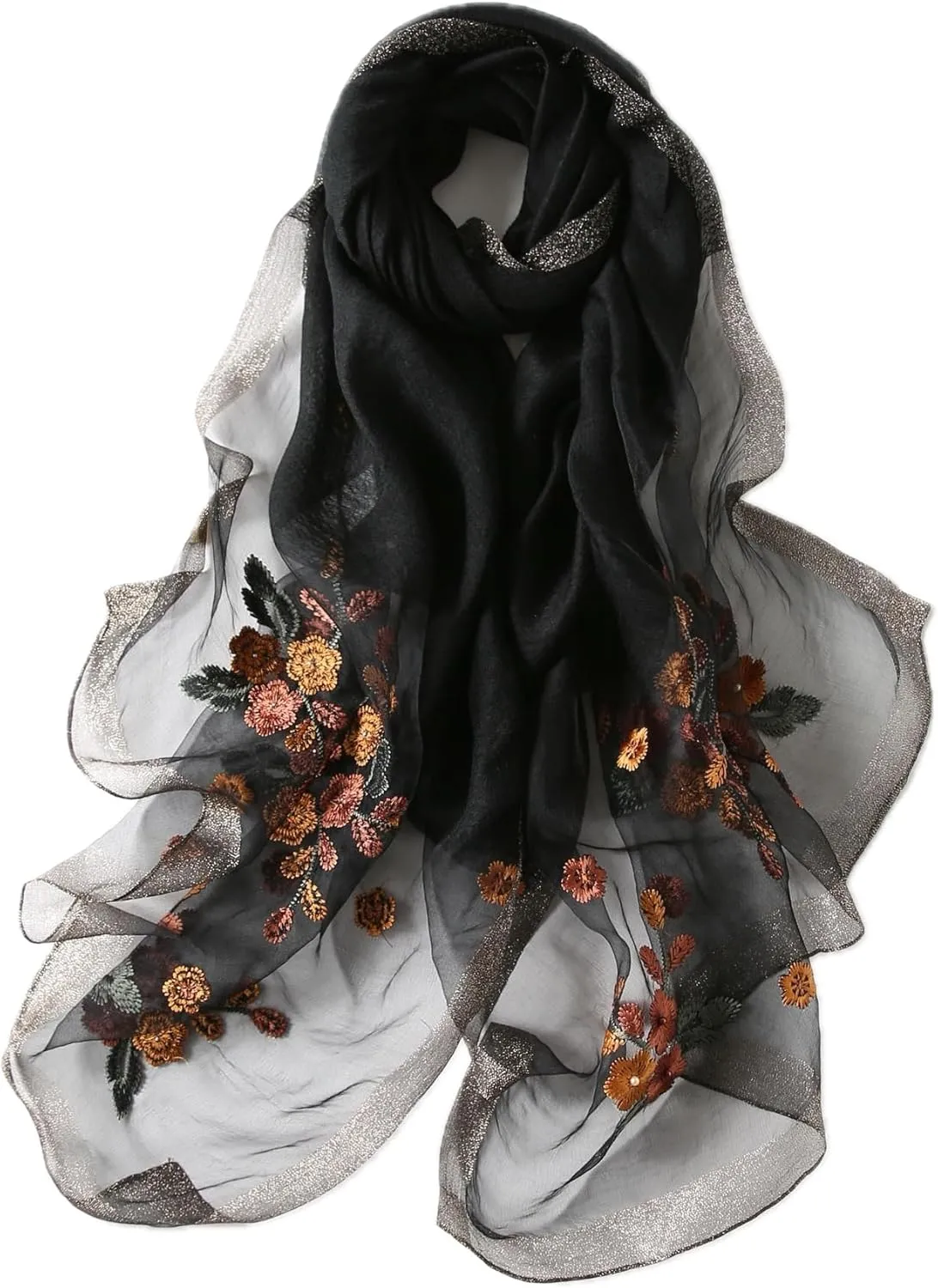 Jeelow Elegant Silk Wool Blend Scarf Shawl Wrap Lightweight Sheer for Women Embroidered Floral for Weddings Parties