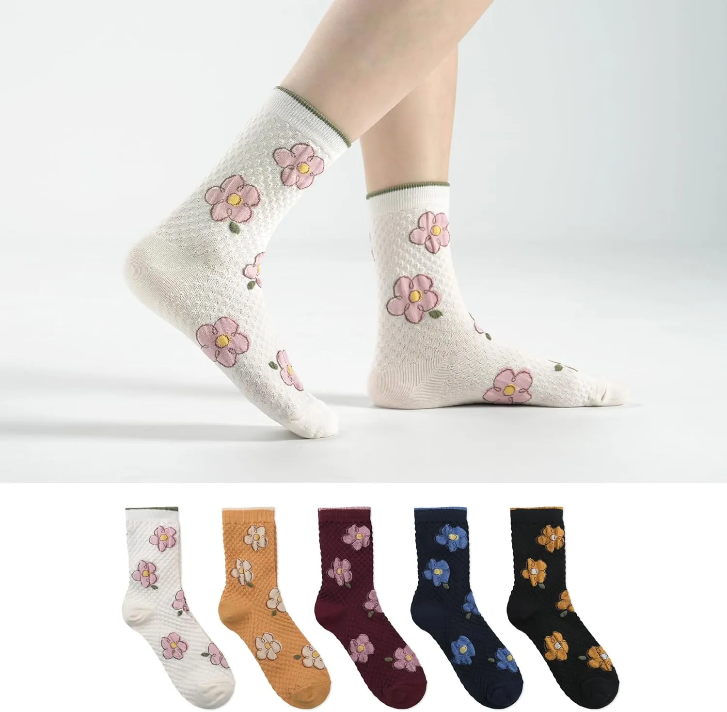 kikiya socks Women Crew | 4-6 Pairs Flower Heart Pattern Tube Striped Polka Dots Design | Ladies Soft Cotton Socks | US 6-8