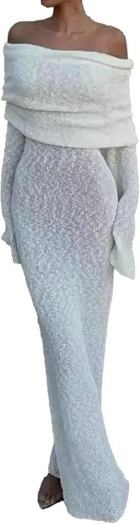 LETSVDO Women's Off Shoulder Maxi Dress Long Sleeve Bodycon Knit Crochet Mesh Sweater Sexy Vacation Party Dresses