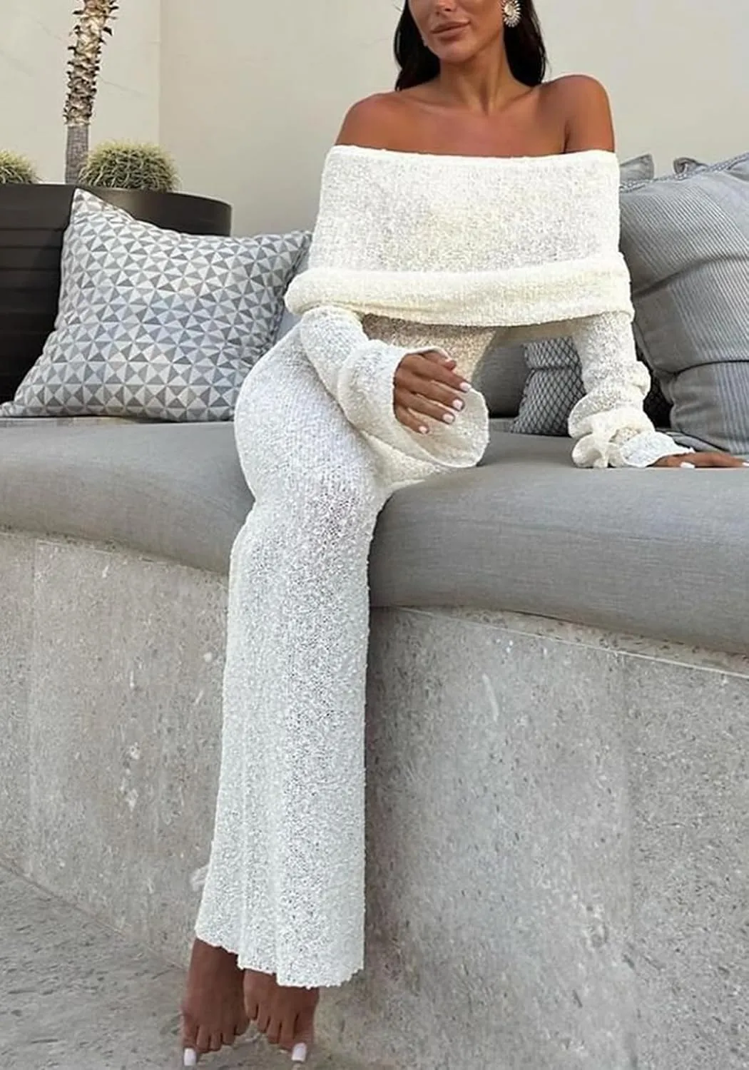 LETSVDO Women's Off Shoulder Maxi Dress Long Sleeve Bodycon Knit Crochet Mesh Sweater Sexy Vacation Party Dresses