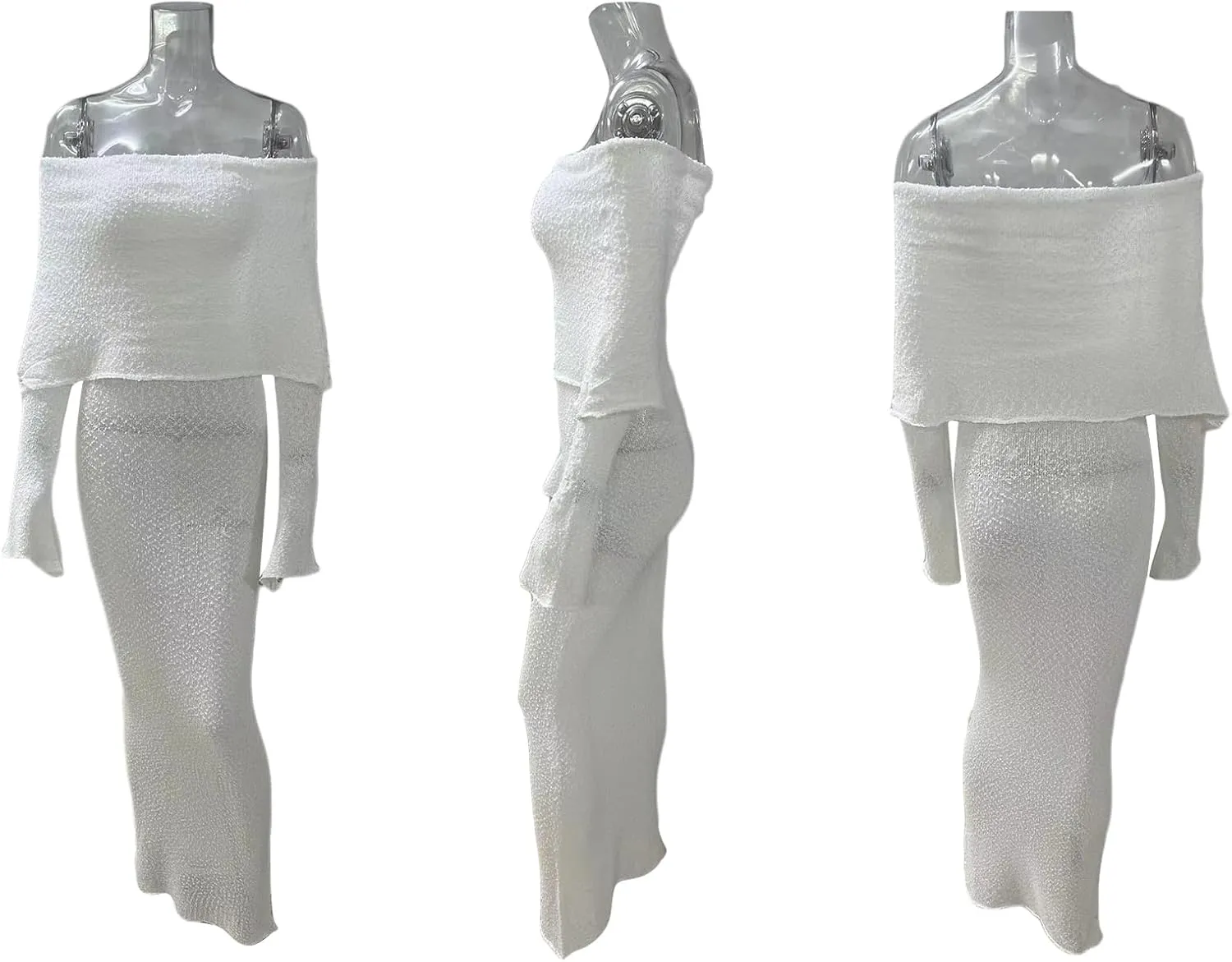 LETSVDO Women's Off Shoulder Maxi Dress Long Sleeve Bodycon Knit Crochet Mesh Sweater Sexy Vacation Party Dresses