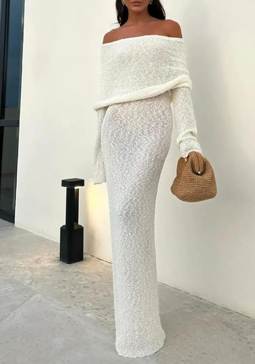 LETSVDO Women's Off Shoulder Maxi Dress Long Sleeve Bodycon Knit Crochet Mesh Sweater Sexy Vacation Party Dresses