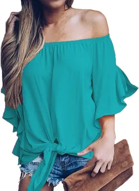 LuckyMore Off The Shoulder Tops Women Summer 3/4 Bell Sleeve Tie Knot Boho Shirt Blouses