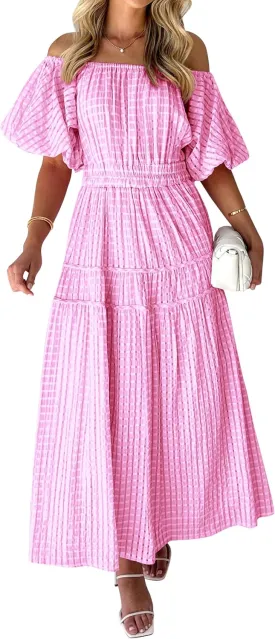 MASCOMODA Off The Shoulder Flowy Maxi Dress for Women 2024 Summer Casual Puff Short Sleeve Smocked Ruffle Beach Long Dresses