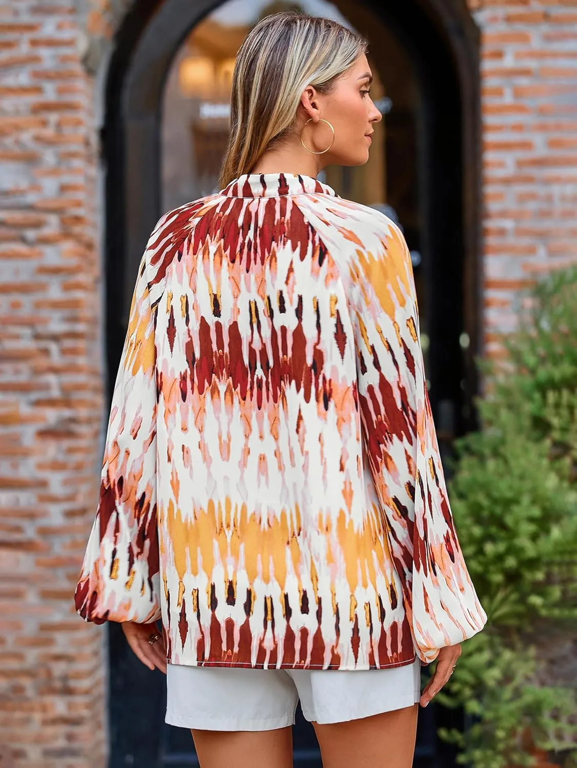 MASCOMODA Womens Boho Floral Print Fall Tops Dressy Casual V Neck Button Down Lantern Long Sleeve Shirts Chiffon Work Blouse