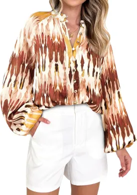 MASCOMODA Womens Boho Floral Print Fall Tops Dressy Casual V Neck Button Down Lantern Long Sleeve Shirts Chiffon Work Blouse
