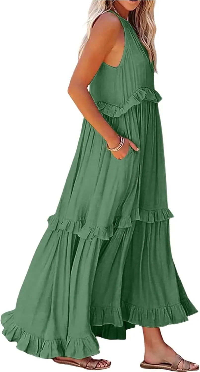 Maxi Dresses for Women 2025 Summer Sleeveless Halter Long Dress Loose Tiered Flowy Swing Smocked Ruffle Beach Dress
