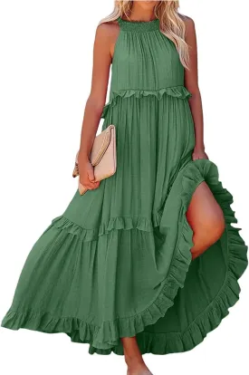 Maxi Dresses for Women 2025 Summer Sleeveless Halter Long Dress Loose Tiered Flowy Swing Smocked Ruffle Beach Dress