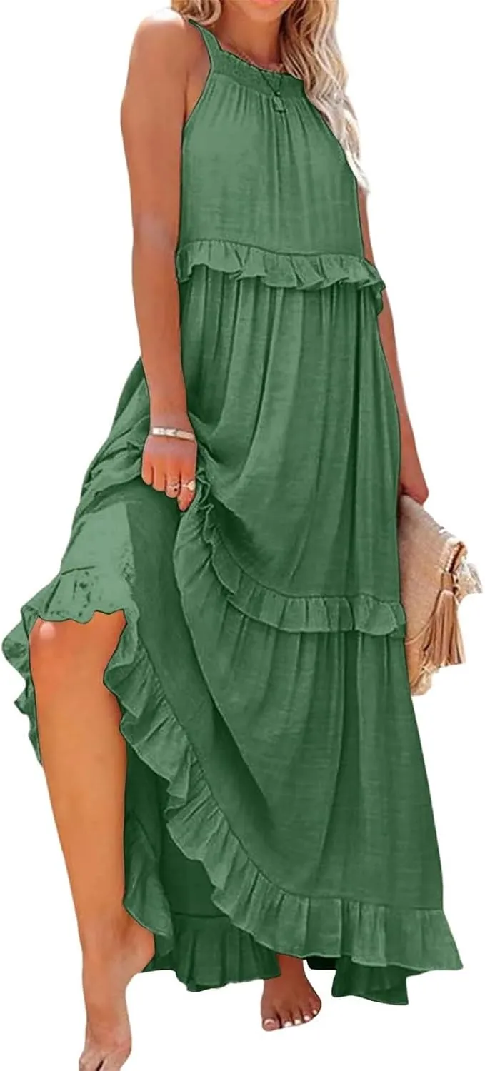 Maxi Dresses for Women 2025 Summer Sleeveless Halter Long Dress Loose Tiered Flowy Swing Smocked Ruffle Beach Dress