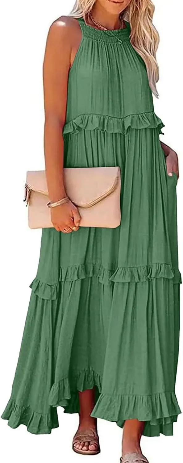 Maxi Dresses for Women 2025 Summer Sleeveless Halter Long Dress Loose Tiered Flowy Swing Smocked Ruffle Beach Dress