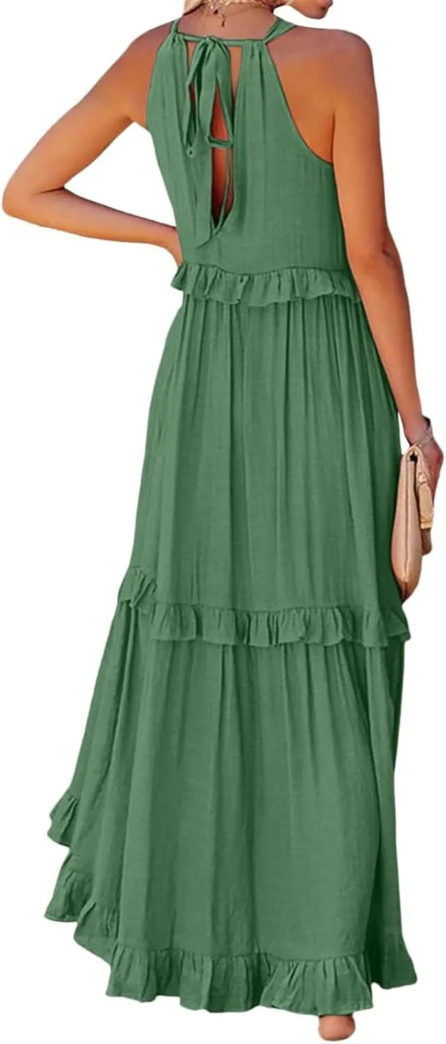 Maxi Dresses for Women 2025 Summer Sleeveless Halter Long Dress Loose Tiered Flowy Swing Smocked Ruffle Beach Dress