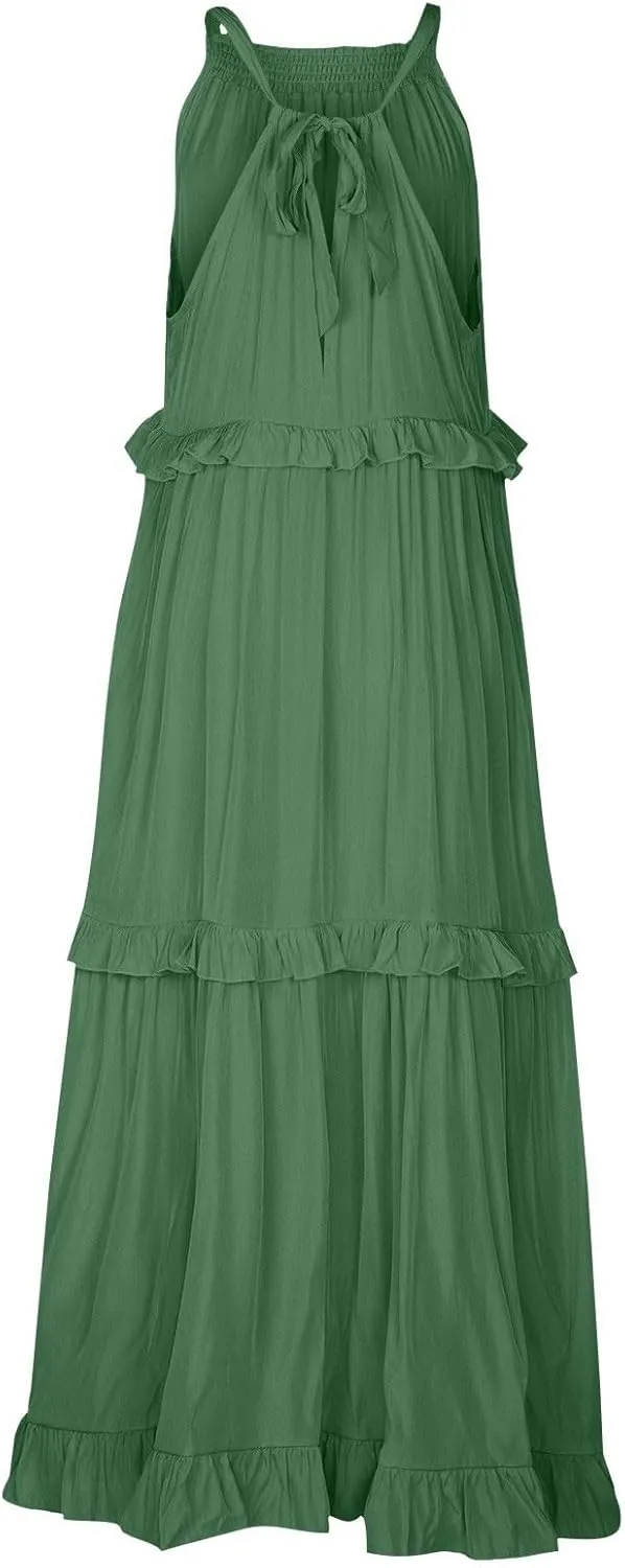 Maxi Dresses for Women 2025 Summer Sleeveless Halter Long Dress Loose Tiered Flowy Swing Smocked Ruffle Beach Dress