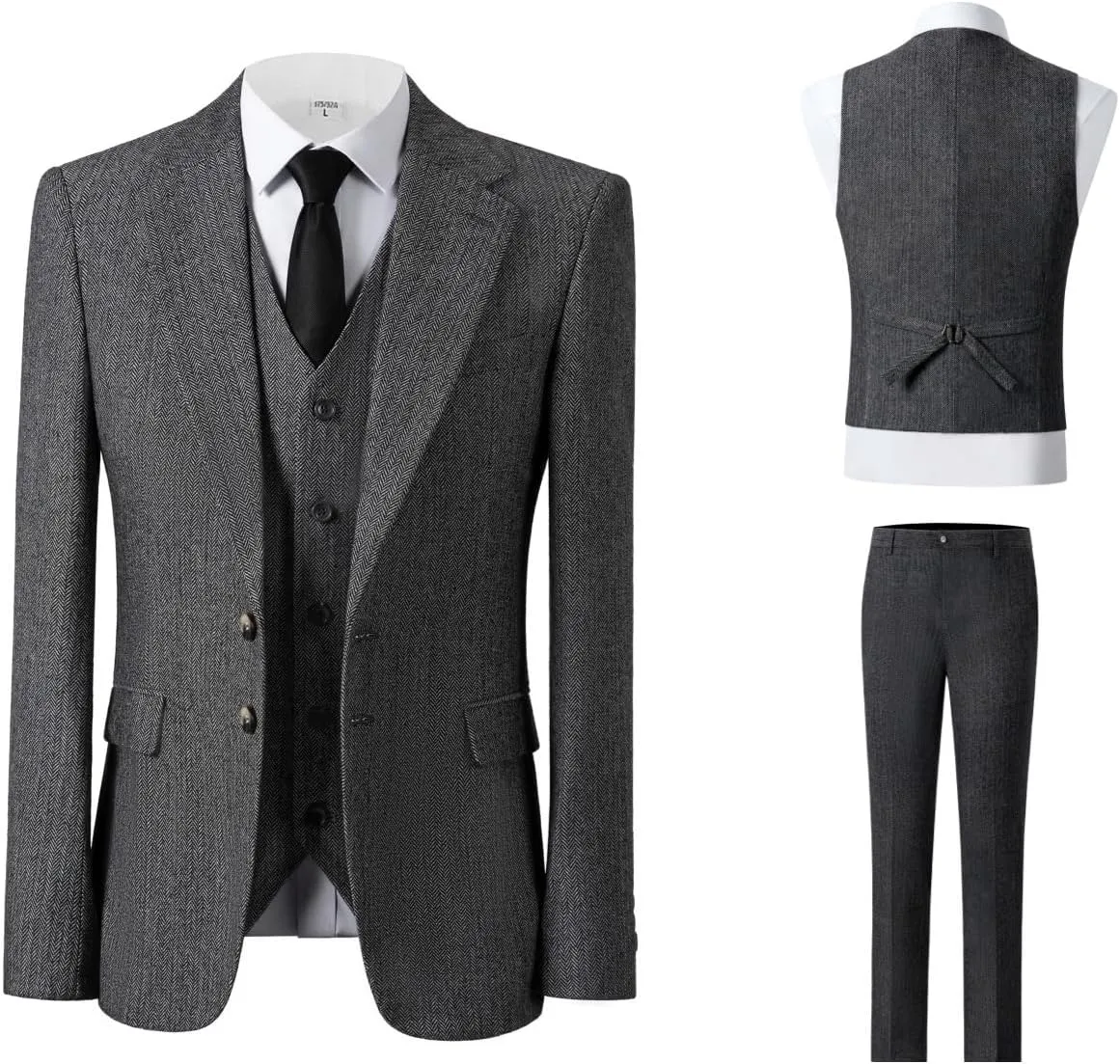 Mens Tweed Herringbone Suit Vintage Tailored Modern Fit Suit 3 Pieces Vent Tuxedos