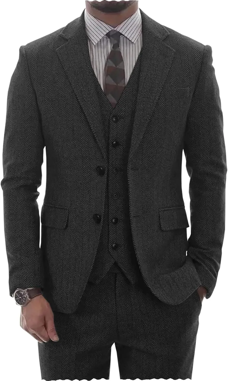 Mens Tweed Herringbone Suit Vintage Tailored Modern Fit Suit 3 Pieces Vent Tuxedos