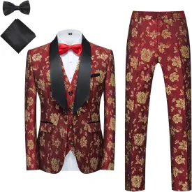 MOGU Mens 3 Piece Floral Print Dress Suit Slim Fit Jacquard Tuxedo Wedding Party Dinner