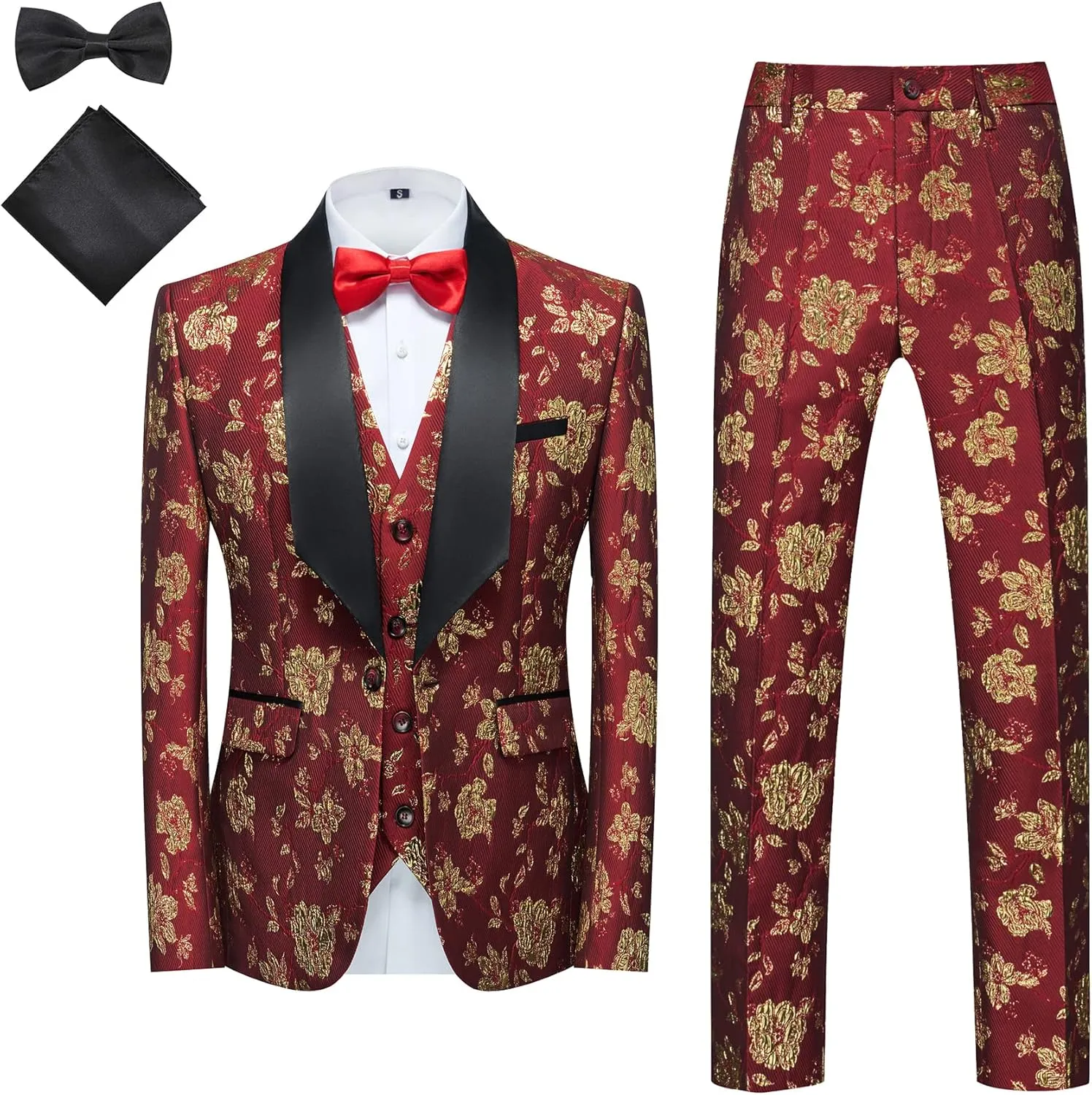 MOGU Mens 3 Piece Floral Print Dress Suit Slim Fit Jacquard Tuxedo Wedding Party Dinner