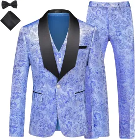 MOGU Mens 3 Piece Floral Print Dress Suit Slim Fit Jacquard Tuxedo Wedding Party Dinner