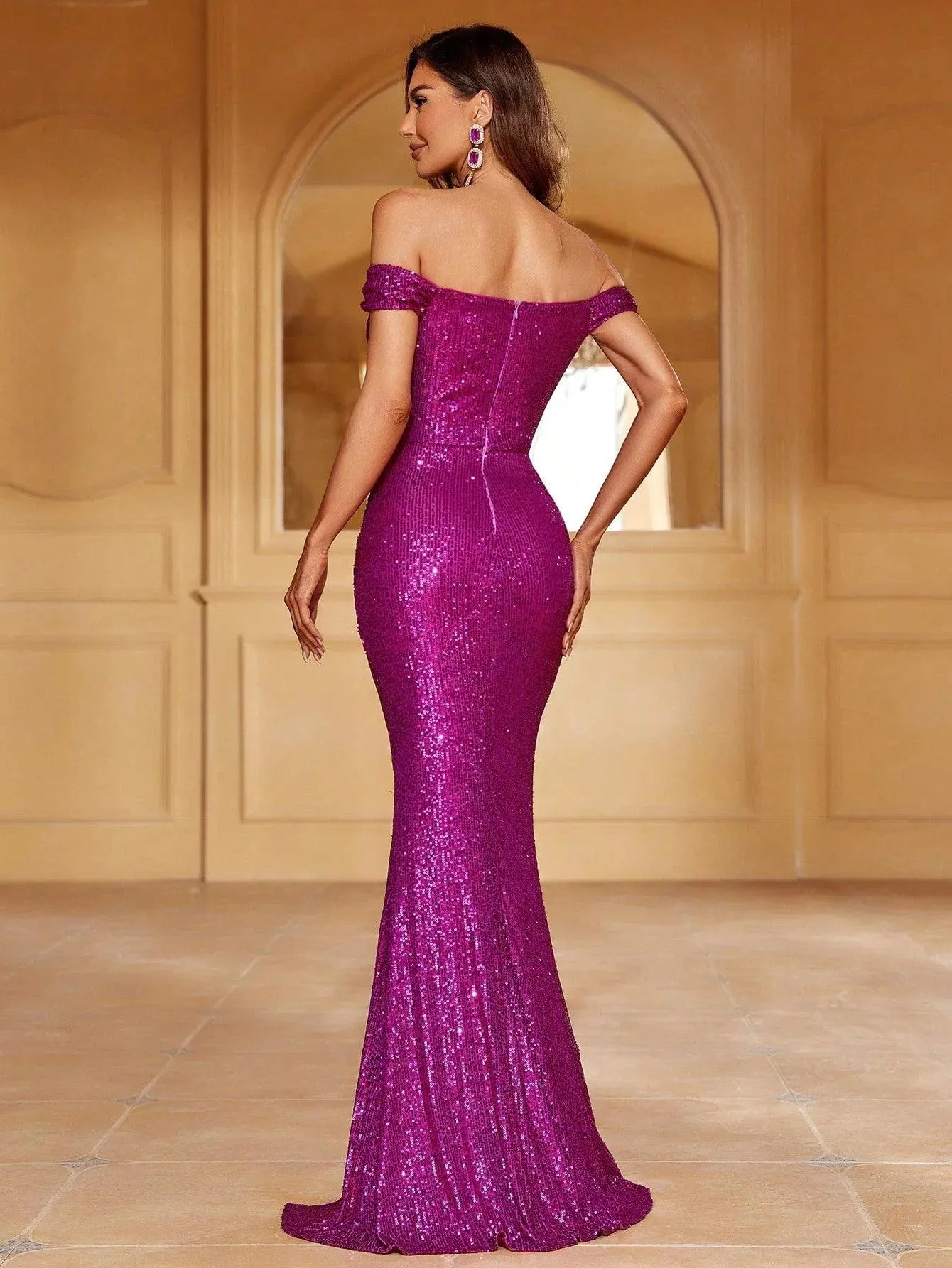 Off Shoulder Ruched Wrap Hem Sequin Dress
