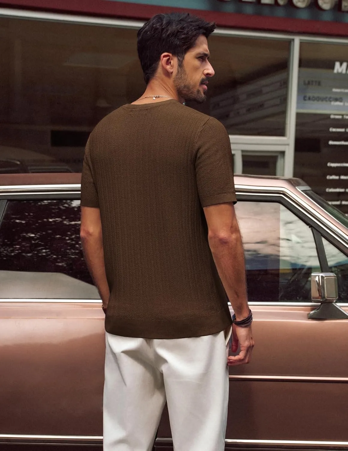 PJ PAUL JONES Men's T-Shirts Modern Fit V Neck Knit Shirts Textured Herringbone Knitwear