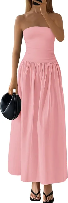PRETTYGARDEN Women 2025 Summer Elegant Strapless Maxi Dress Tube Top Dress A Line Flowy Long Wedding Party Cocktail Dresses