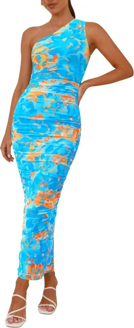 PRETTYGARDEN Women's One Shoulder Bodycon Dresses Summer 2025 Ruched Floral Beach Cocktail Wedding Guest Dress