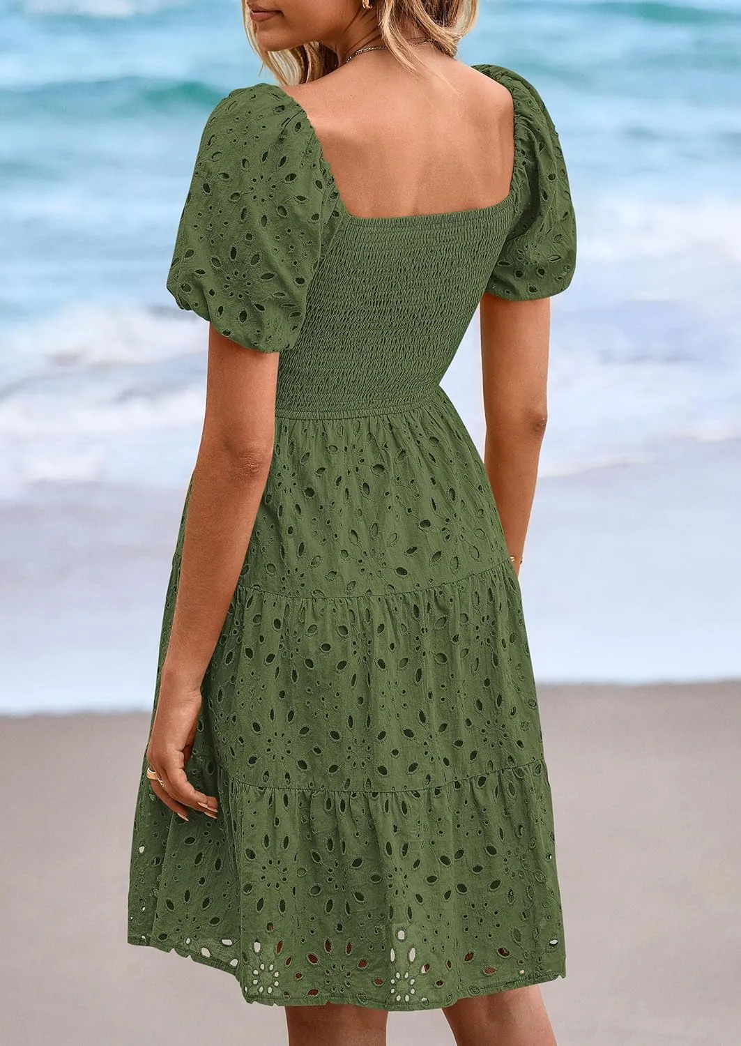 PRETTYGARDEN Womens Summer Puff Sleeve Mini Dress Off Shoulder Eyelet Smocked A Line Casual Babydoll Short Dresses